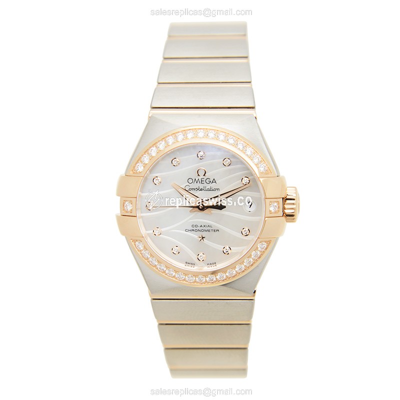 Omega Constellation Replica - Automatic - White Dial - 18kt Rose Gold & Diamonds Clasp, Silver 18kt Steel Strap - View 2
