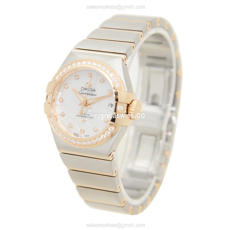 Omega Constellation Replica - Automatic - White Dial - 18kt Rose Gold & Diamonds Clasp, Silver 18kt Steel Strap - View 3