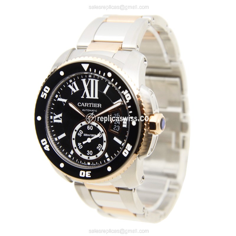 Cartier W7100054 Replica - Automatic - Rose Gold & Steel Case - Black Dial - Silver Strap - View 3