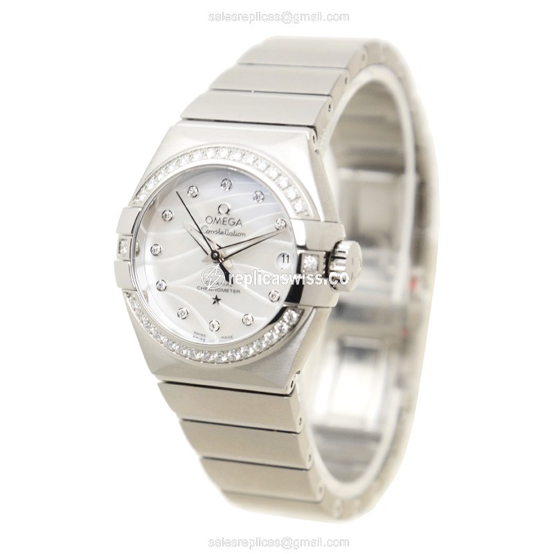 Omega Constellation Replica - Automatic - White Dial on Steel & Diamond Clasp - View 3