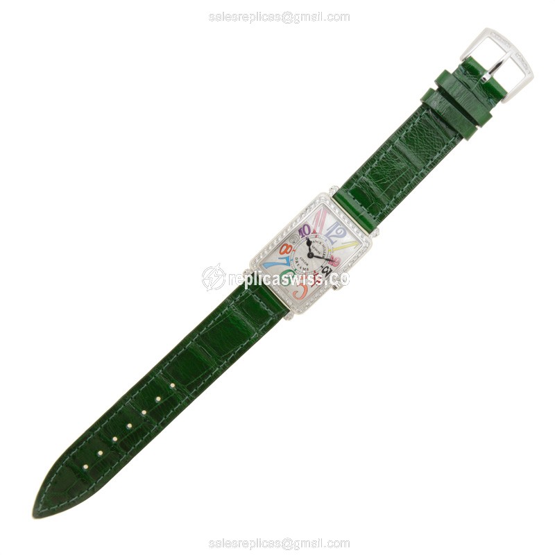 Franck Muller LONG ISLAND Quartz - Silver Dial - Diamond - Buckle Clasp - Alligator Green Strap - View 2