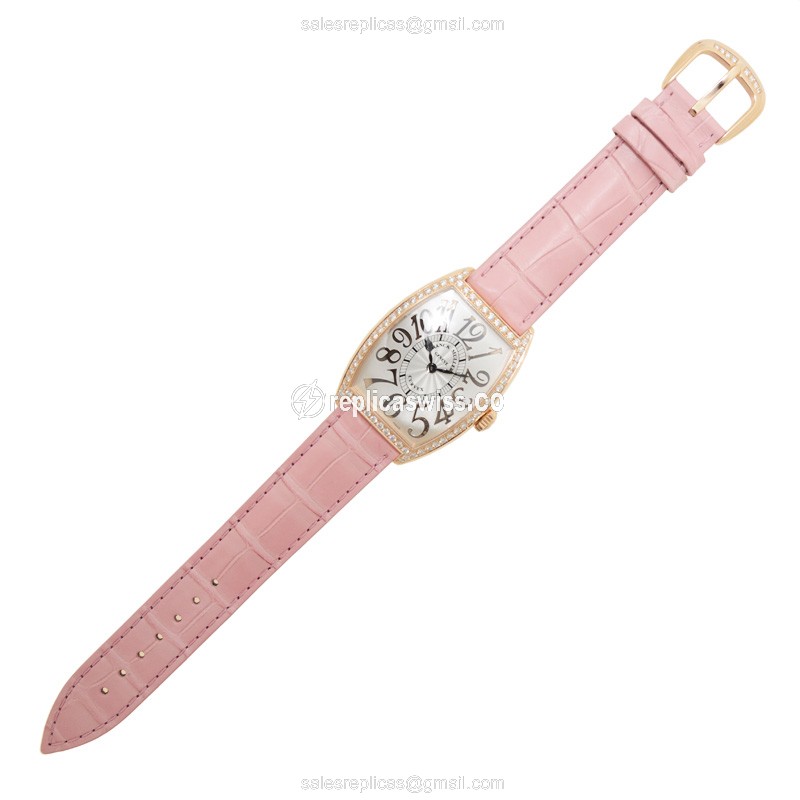 Franck Muller 2852 QZ REL D 1R Replica - Quartz - 18kt Rose Gold - Diamonds Silver Dial Alligator Pink Buckle - View 2