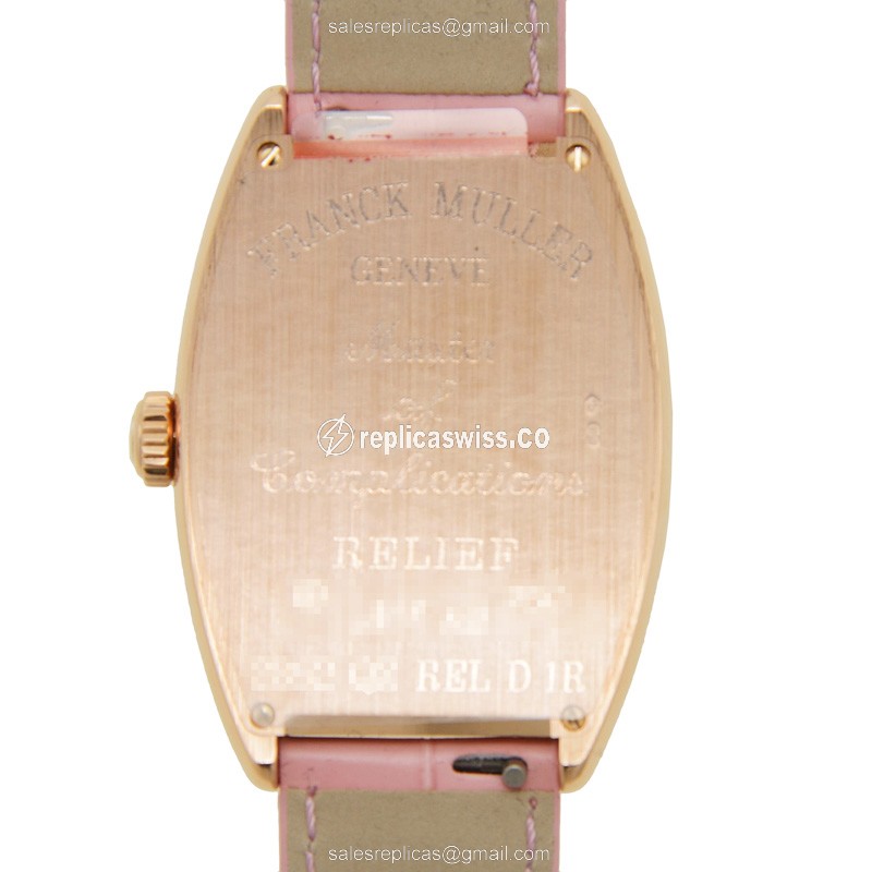Franck Muller 2852 QZ REL D 1R Replica - Quartz - 18kt Rose Gold - Diamonds Silver Dial Alligator Pink Buckle - View 3