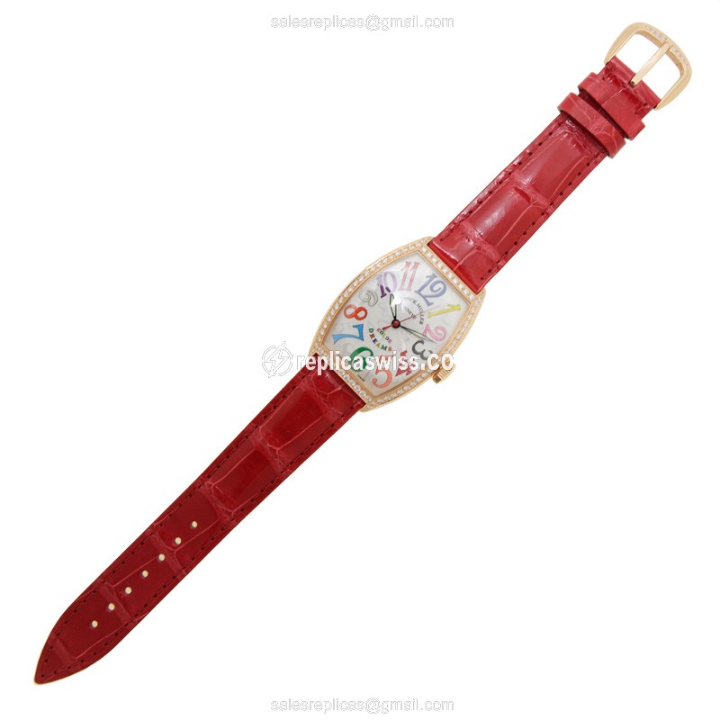 Franck Muller 5850 SC COL DRM D 1R - Automatic - 18kt Rose Gold - Diamonds - Silver Dial - Red Alligator Strap - Buckle Clasp - View 2