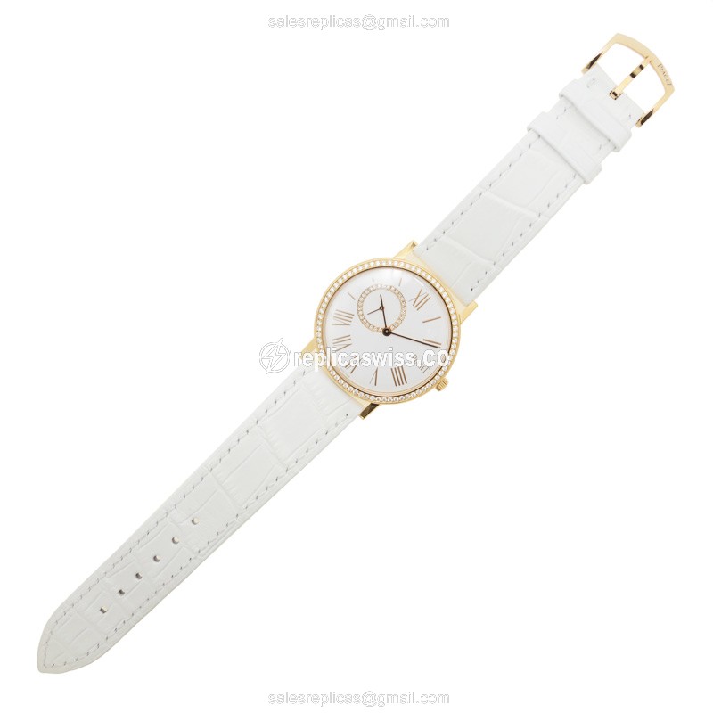 Piaget ALTIPLANO Replica - Manual Wind - 18kt Rose Gold - Diamonds - White Dial - Alligator White Strap - View 2