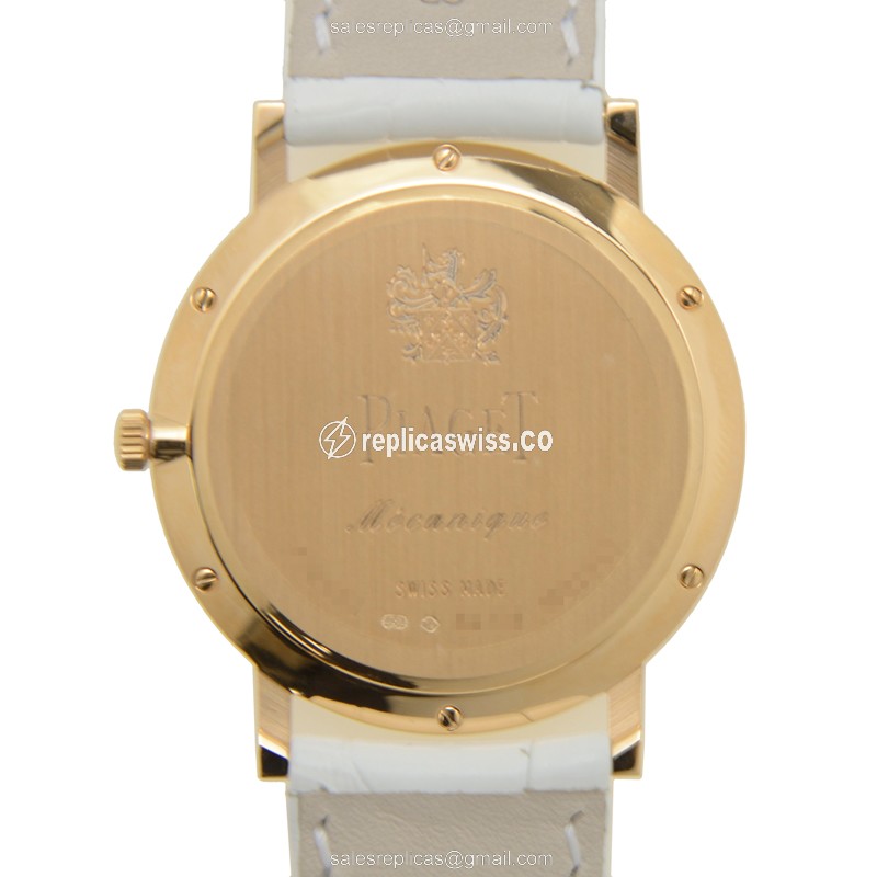 Piaget ALTIPLANO Replica - Manual Wind - 18kt Rose Gold - Diamonds - White Dial - Alligator White Strap - View 3
