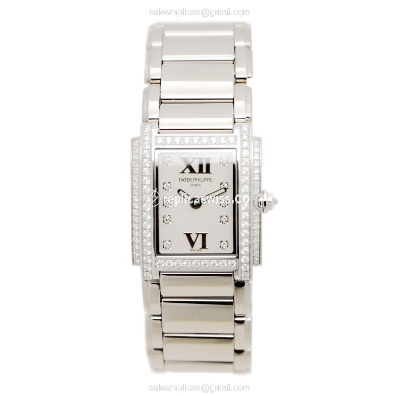 Patek Philippe TWENTY-4 Quartz Replica - 18kt White Gold - Diamond Dial - Silver Clasp - View 2
