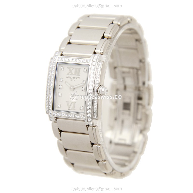 Patek Philippe TWENTY-4 Quartz Replica - 18kt White Gold - Diamond Dial - Silver Clasp - View 3