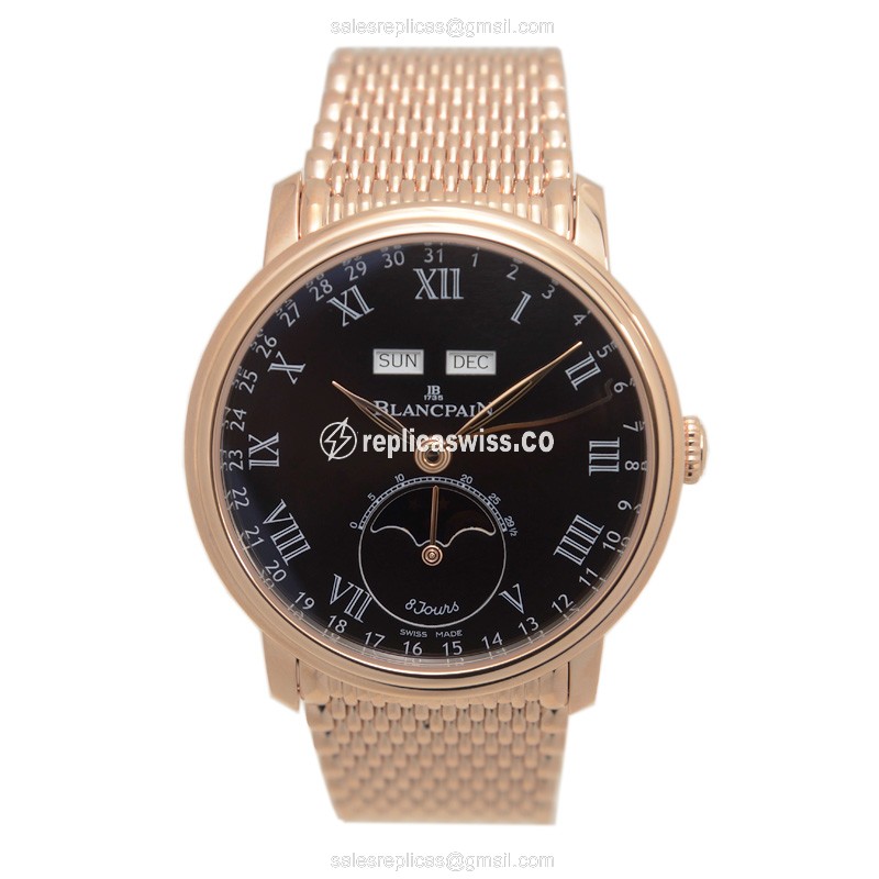 Blancpain Villeret 6639-3637-MMB - Auto 18kt Rose Gold - Black Dial - Gold Strap - View 2