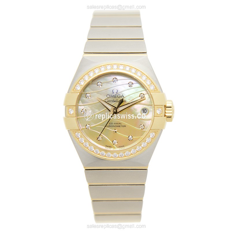 Omega Constellation Replica - Automatic - Gold & Diamond Bezel - 18kt Gold Case & Silver Strap - View 2
