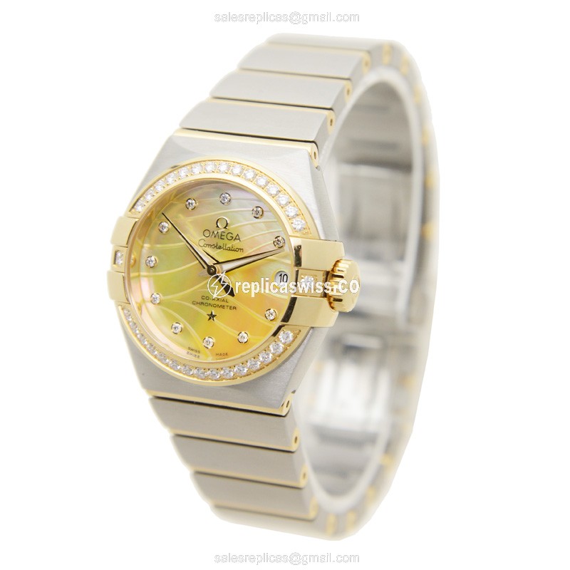 Omega Constellation Replica - Automatic - Gold & Diamond Bezel - 18kt Gold Case & Silver Strap - View 3