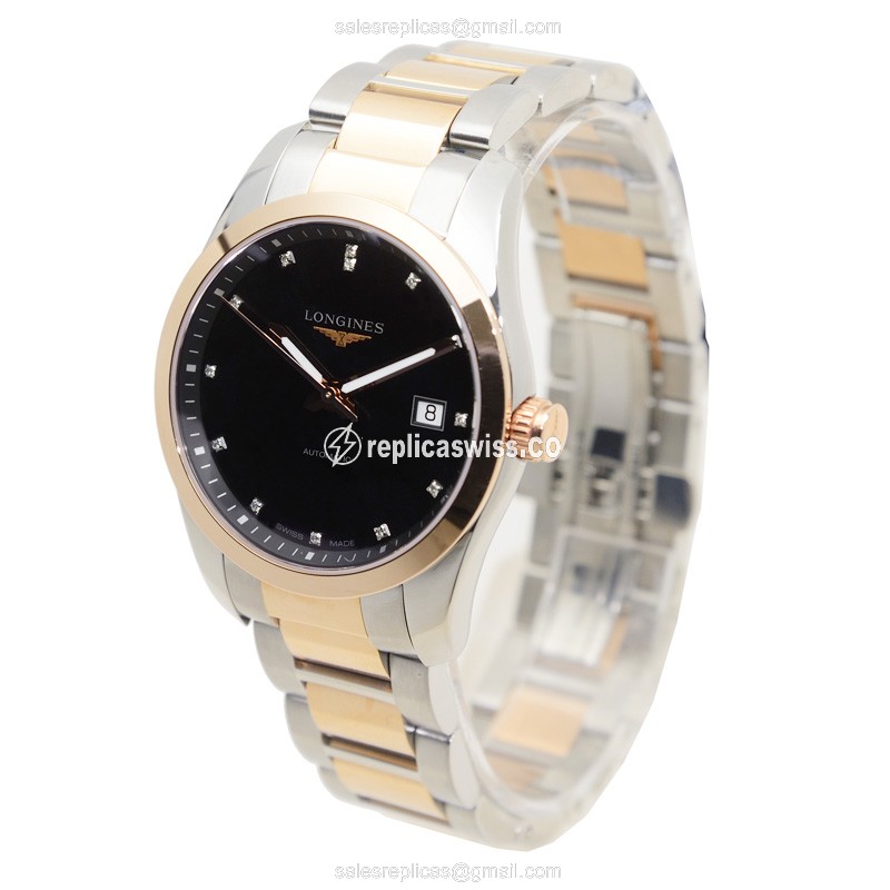Longines Conquest Replica - Automatic - 18kt Rose Gold Case - Black Dial, Gold Strap - View 3
