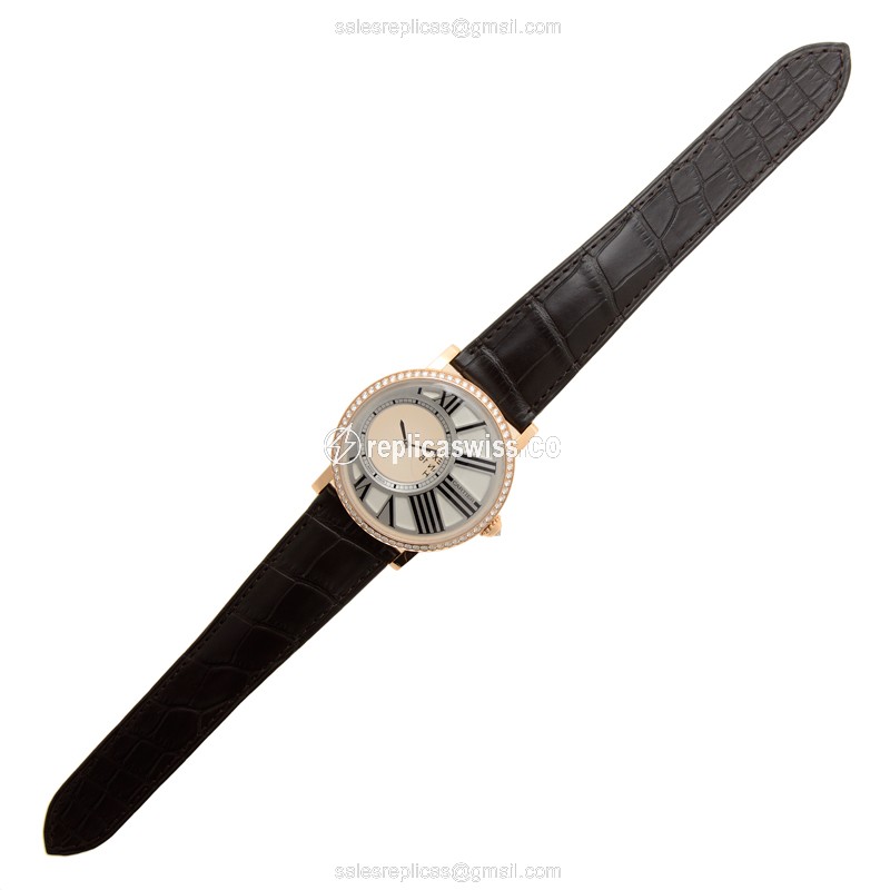 Cartier Rotonde Replica - Manual - 18kt Rose Gold - Diamond - Silver Dial - Brown Alligator Strap - View 2