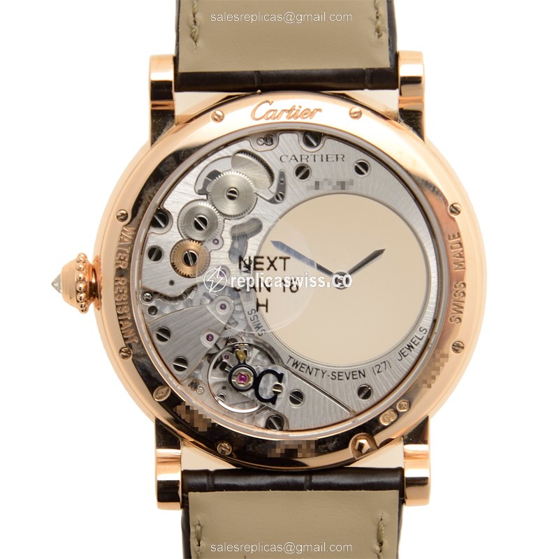 Cartier Rotonde Replica - Manual - 18kt Rose Gold - Diamond - Silver Dial - Brown Alligator Strap - View 3