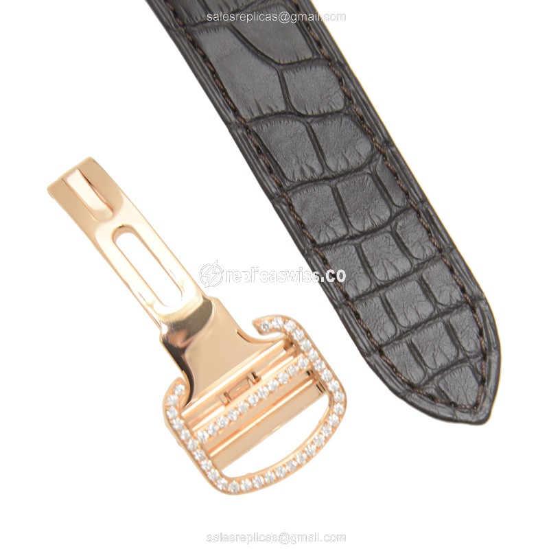 Cartier Rotonde Replica - Manual - 18kt Rose Gold - Diamond - Silver Dial - Brown Alligator Strap - View 4