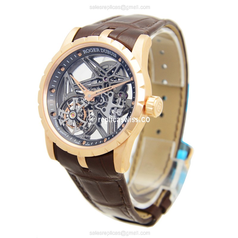 Roger Dubuis EXCALIBUR - Manual Wind - 18kt Rose Gold - Skull Dial - Brown Alligator Strap - View 3