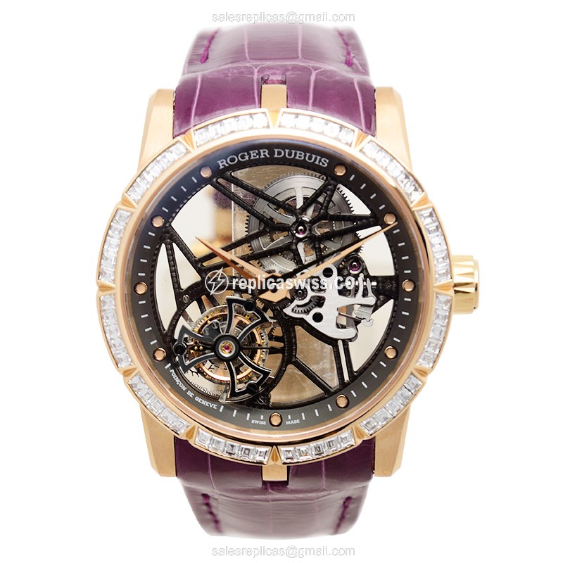 Roger Dubuis RDDBEX0404 EXCALIBUR Replica - Manual Wind - 18kt Rose Gold - Skull Dial - Purple Alligator Strap - View 2