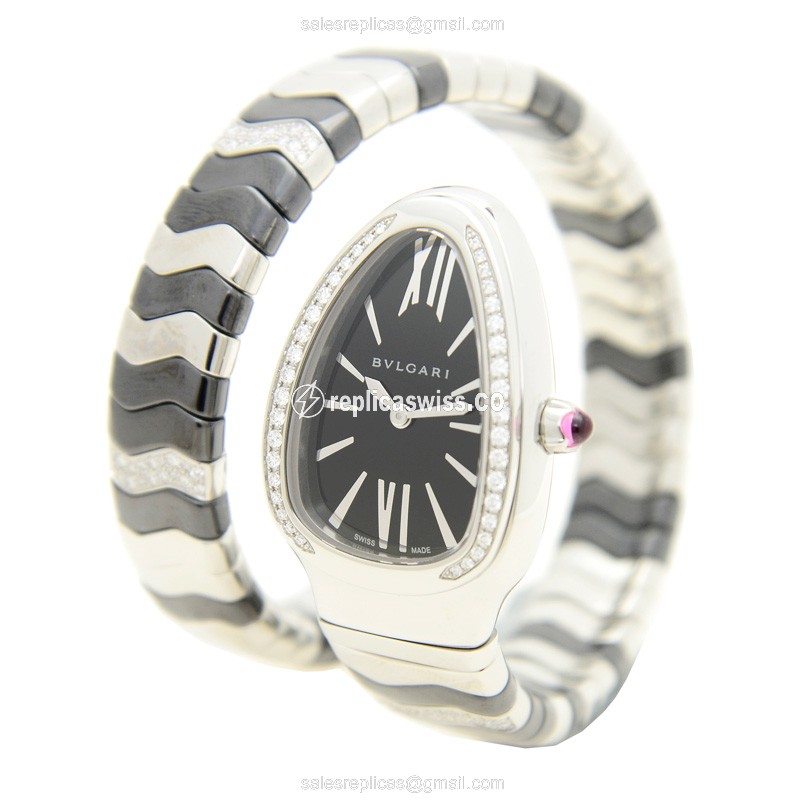 Bulgari SP35BSDBCSD1.1T Quartz - Diamond Case - Black Dial - Silver Steel Strap - View 3