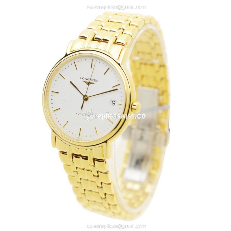 Longines Presence Replica - Automatic - Gold PVD Case, White Dial - Gold PVD Gold Strap - View 3