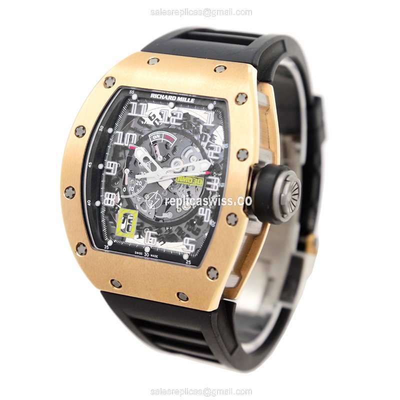 Richard Mille RM030 - Automatic - 18kt Rose Gold - Skull Dial - Black Rubber Strap - View 3
