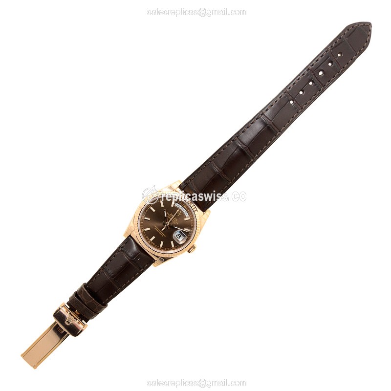Rolex DAY-DATE Replica - Automatic - 18kt Rose Gold - Brown Dial, Leather Strap - View 2