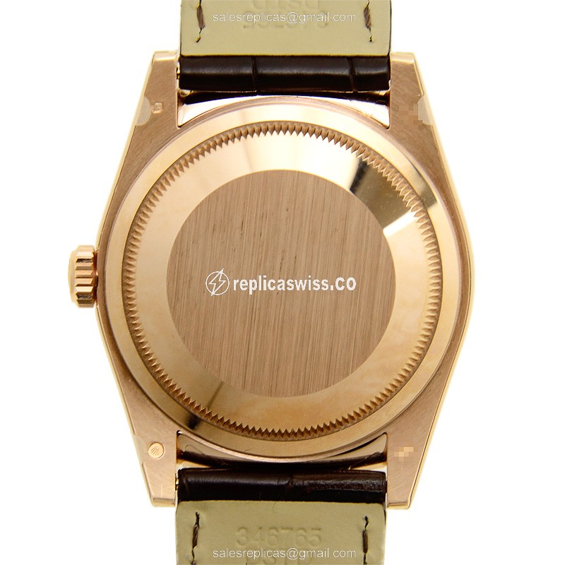 Rolex DAY-DATE Replica - Automatic - 18kt Rose Gold - Brown Dial, Leather Strap - View 3