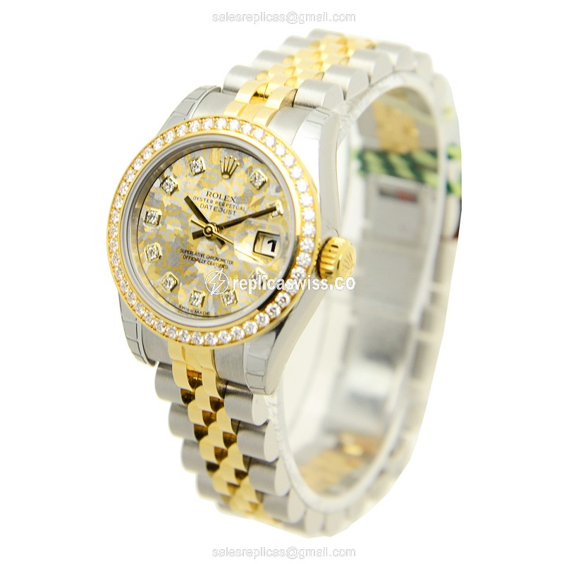 Rolex Datejust Lady Replica - Automatic - 18kt Gold Case - Diamond Bezel - Gold Dial - View 3