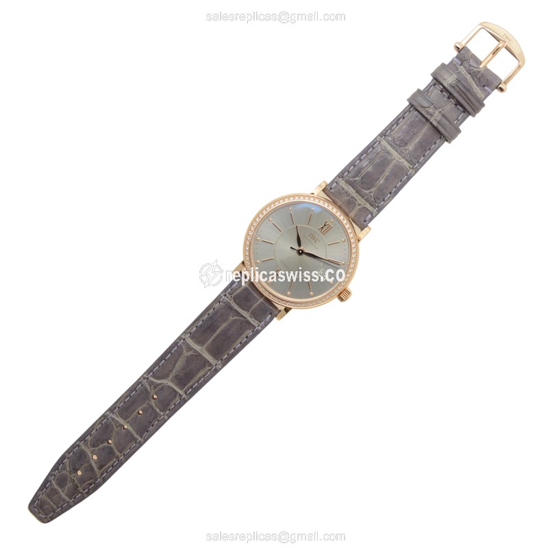 IWC Portofino Replica - Automatic 18kt Rose Gold - Diamond Bezel - Silver Dial - Purple Alligator Strap - View 2
