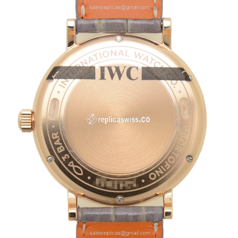 IWC Portofino Replica - Automatic 18kt Rose Gold - Diamond Bezel - Silver Dial - Purple Alligator Strap - View 3