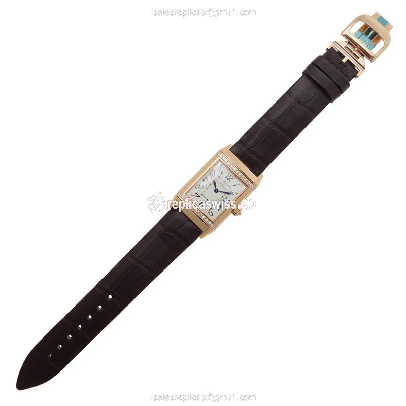 Jaeger-Lecoultre Q2562402 REVERSO Replica - Manual - Rose Gold Case - Diamond - Silver Dial - Brown Alligator - View 2
