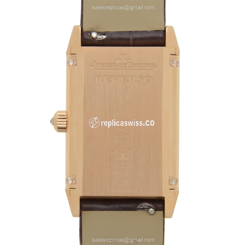 Jaeger-Lecoultre Q2562402 REVERSO Replica - Manual - Rose Gold Case - Diamond - Silver Dial - Brown Alligator - View 3