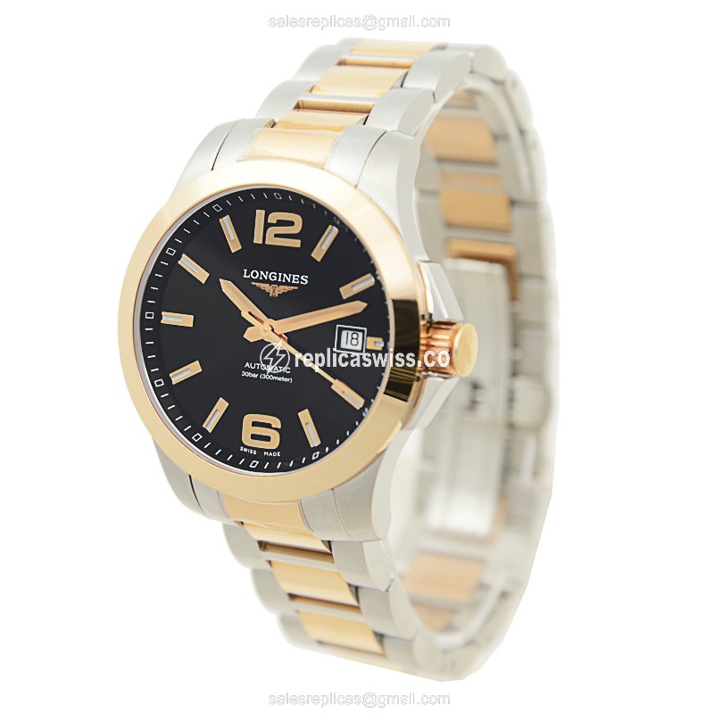 Longines CONQUEST Replica - Automatic - 18kt Rose & Steel - Black Dial - Silver Strap - View 3