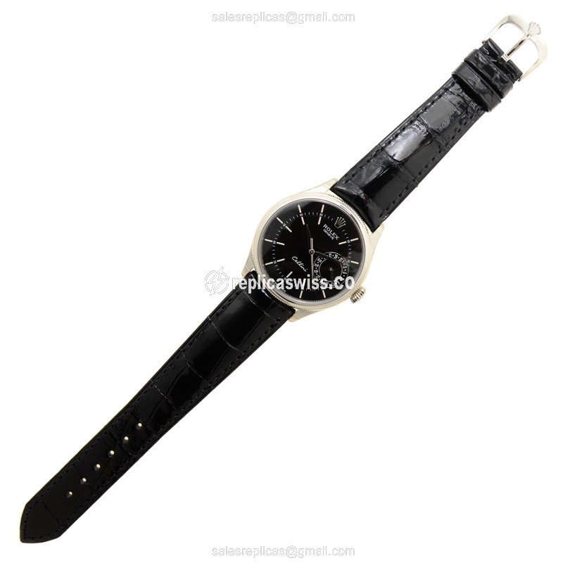 Rolex Cellini Series Replica - Automatic | 18kt White Gold Case | Black Dial on Leather Strap - View 2