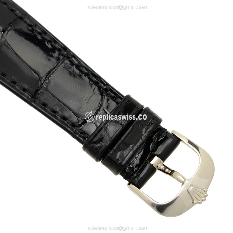Rolex Cellini Series Replica - Automatic | 18kt White Gold Case | Black Dial on Leather Strap - View 4