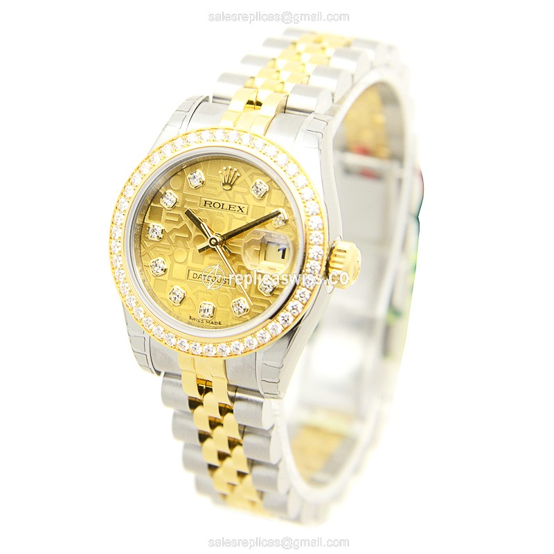 Rolex Lady Datejust Replica - Automatic - Gold Dial - Silver Clasp - 18mm - View 3