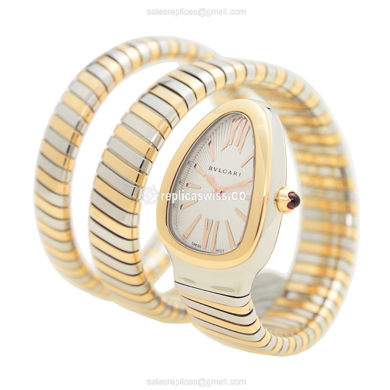 Bulgari Serpenti Replica - Quartz - 18kt Rose Gold & Steel Case - Silver Dial - Bangle Clasp - View 3