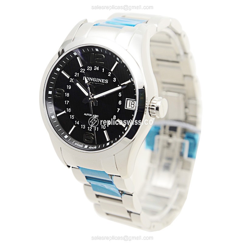 Longines CONQUEST Replica - Automatic - Black Dial - Steel Case - Silver Band - View 3