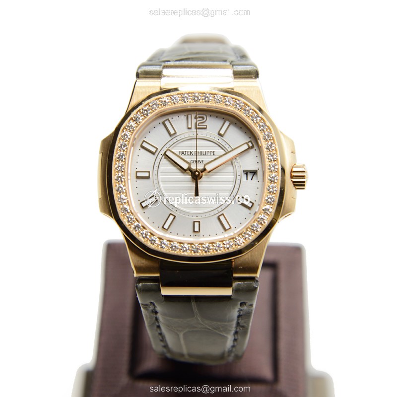 Patek Philippe 7010R-001 Replica - Quartz - 18kt Rose Gold - Diamond - White Dial - Grey Alligator Strap - View 2