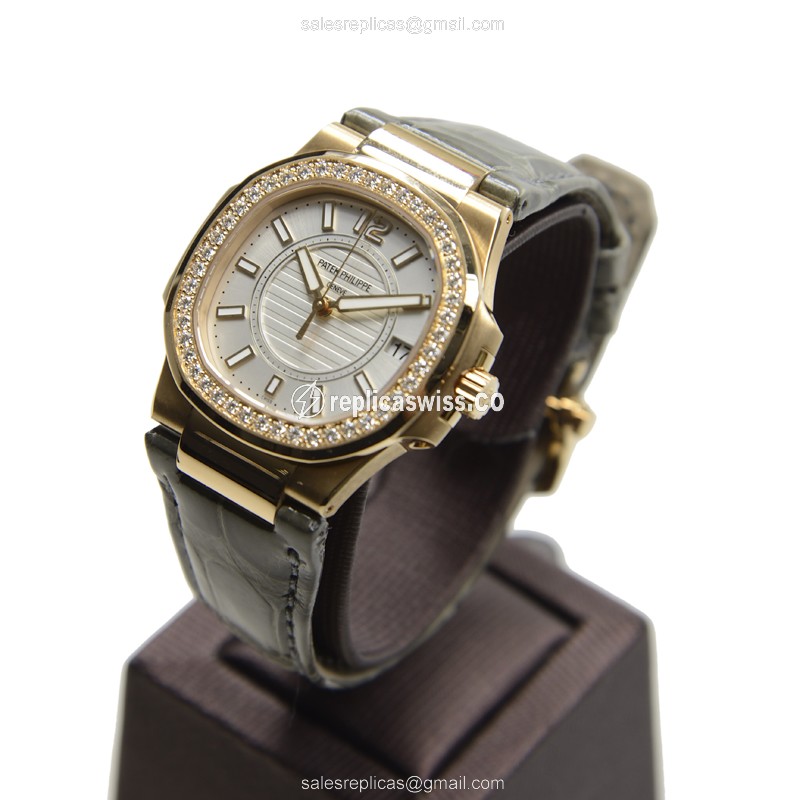 Patek Philippe 7010R-001 Replica - Quartz - 18kt Rose Gold - Diamond - White Dial - Grey Alligator Strap - View 3