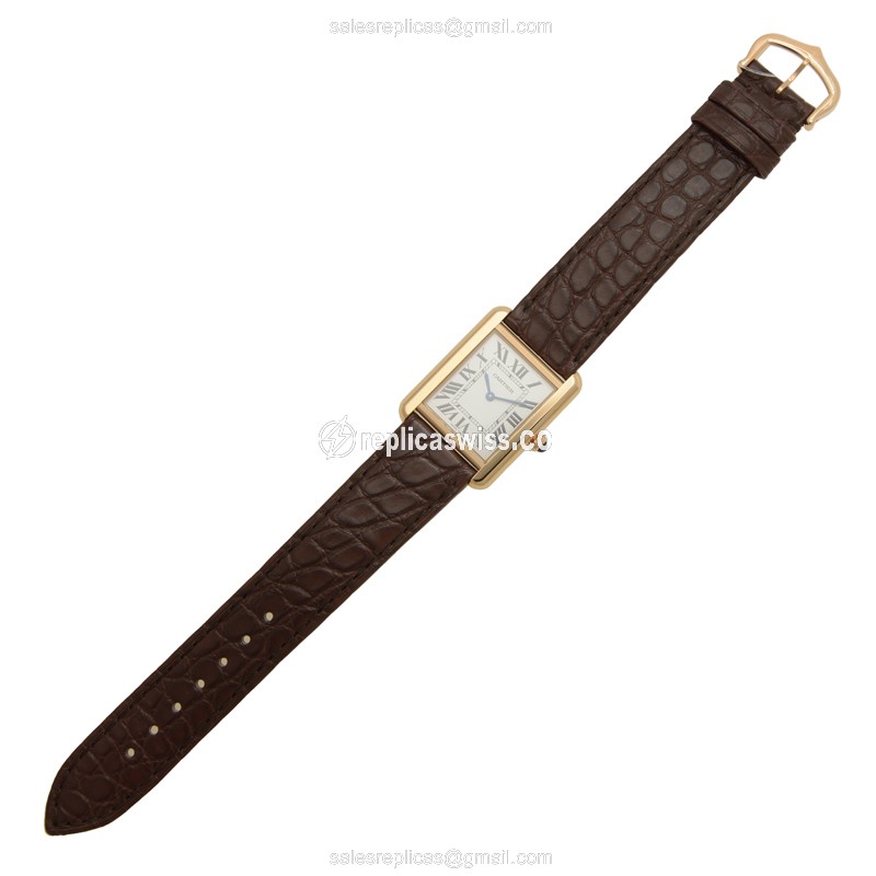 Cartier TANK Quartz Replica - 18kt Rose Gold - White Dial - Alligator Brown Strap - View 2