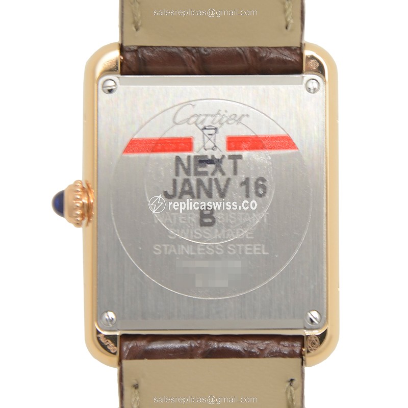 Cartier TANK Quartz Replica - 18kt Rose Gold - White Dial - Alligator Brown Strap - View 3