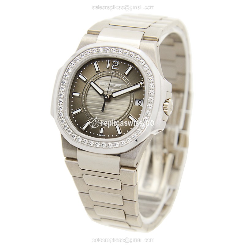 Patek Philippe 7010-1G-010 Replica - Quartz - 18kt White Gold - Diamond - Dark Grey Dial - View 3