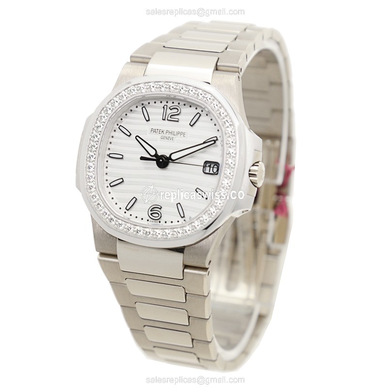 Patek Philippe 7010/1G-011 Replica - Quartz - 18kt White Gold - Diamond Dial - Silver Clasp - View 3