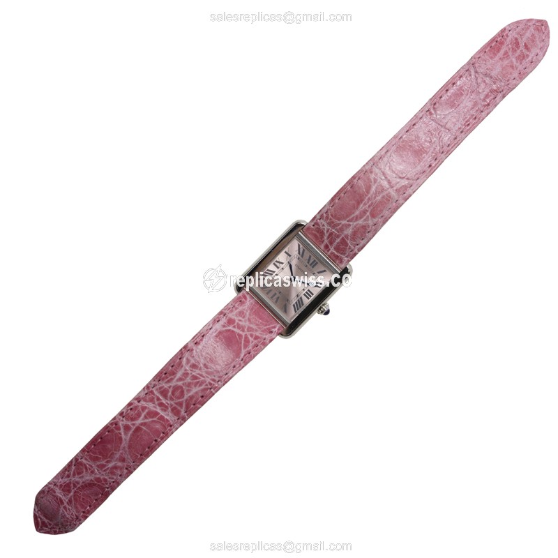 Cartier TANK Quartz Replica - Pink Dial - Steel Case - Pink Alligator Strap - View 2