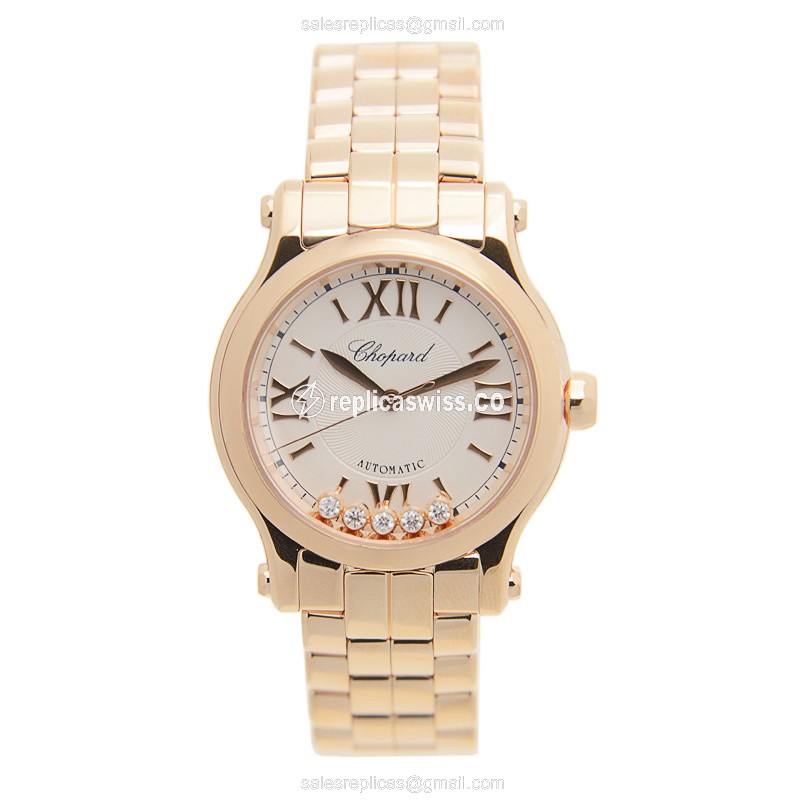 Chopard Happy Sport Replica - Automatic - 18kt Rose Gold - Silver Dial - Gold Strap - View 2