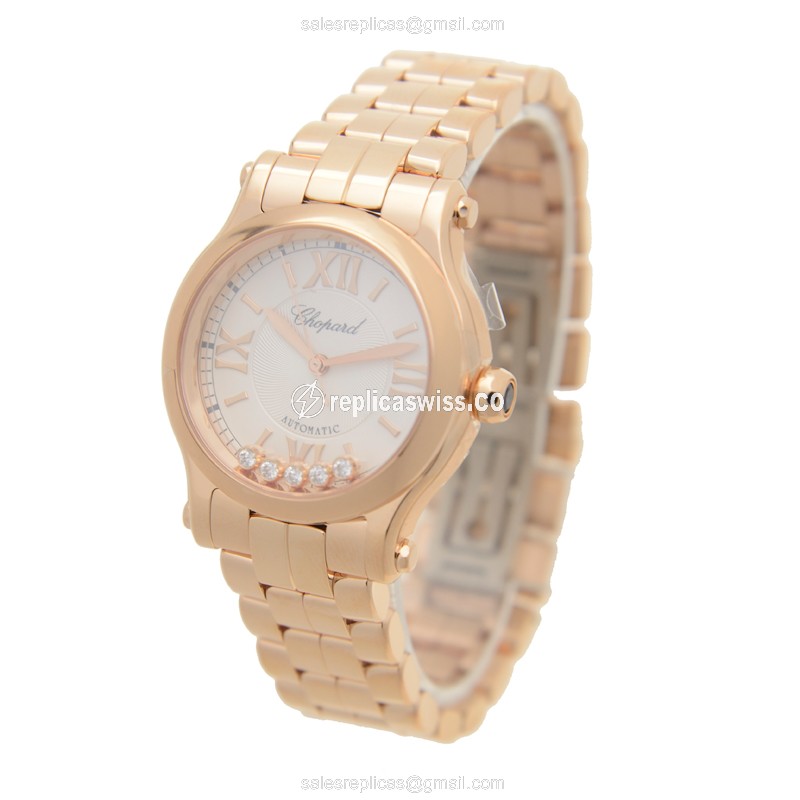 Chopard Happy Sport Replica - Automatic - 18kt Rose Gold - Silver Dial - Gold Strap - View 3