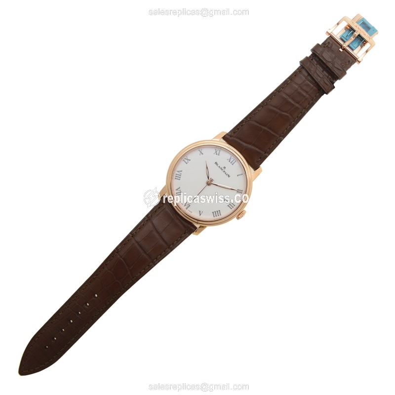 Blancpain VILLERET Replica - Auto - 18kt Rose Gold - White Dial - Brown Alligator Strap - View 2