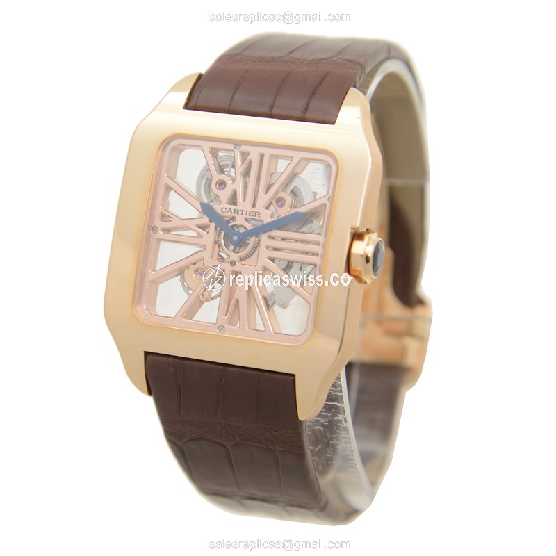 Cartier Santos Replica - Manual Wind - 18kt Rose Gold - Skull Dial - Brown Alligator Strap - View 3