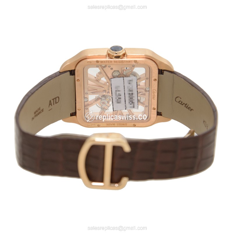 Cartier Santos Replica - Manual Wind - 18kt Rose Gold - Skull Dial - Brown Alligator Strap - View 4