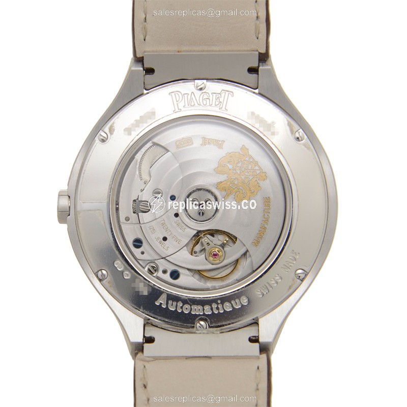 Piaget Polo Replica - Automatic - 18kt White Gold - Diamond - White Dial - Brown Alligator Strap - View 3